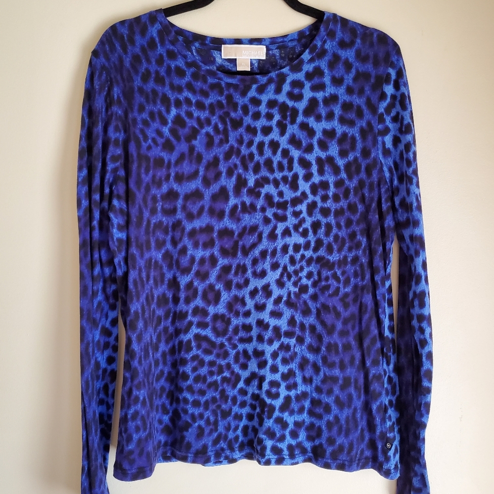 Michael Kors Blue Cheetah Print Long Sleeve Top XL